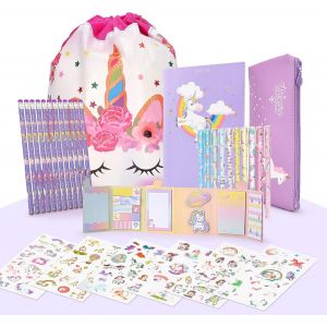 Licorne Jouet pour Fille 6 7 8 9 10 11 12 Ans,Cadeau de Papeterie pour Filles,Comprennent Trousse et Crayons et Sacs de Cordon et Autocollants et Carnet,Violet - Neuf