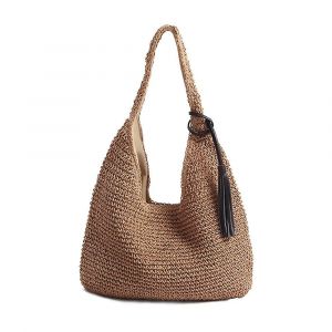 Tissé à la main doux grand sac à bandoulière en paille avec pompons noirs Boho paille poignée fourre-tout rétro été - Neuf