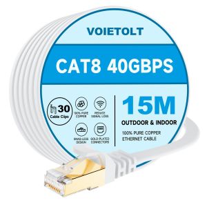 CAT8 C&acirc;ble Ethernet 15M avec Clips, 40Gbps/2000Mhz Haut D&eacute;bit Gigabit RJ45 LAN C&acirc;ble R&eacute;seau Internet, Cat-8 Plat C&acirc;ble PatchBlind&eacute; Robuste pour PS4/5 Ordinateur Modem PC TV - Blanc - Neuf