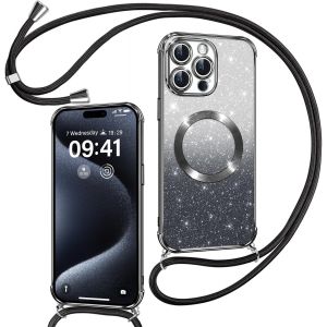 TRAHOO-Couqe Magn&eacute;tique pour iPhone 15 Pro Max Con Cordon, Compatible avec MagSafe, Brillant Glitter Paillet&eacute; Antichoc Durable R&eacute;sistante Etui Housse pour iPhone 15 Pro Max Soft TPU Bumper, Noir - Neuf