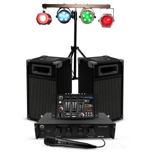 Kit Sono 300W Bm Sonic BMS-DJ300-USB-BT Initiation DJ Enceintes Ampli Table de Mixage Bluetooth, Kit d'&eacute;clairage 4 effet LED - Neuf
