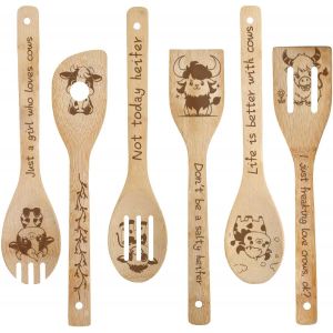 Kal-6 Cuillère En Bois De Vache Motif Vache Des Highlands Animal Mignon Mots Vaisselle De Cuisine Vaisselle En Bambou Naturel Spatule À Fentes Sculptée Et Brûlée Pour Anniversaire Pendaison - Neuf