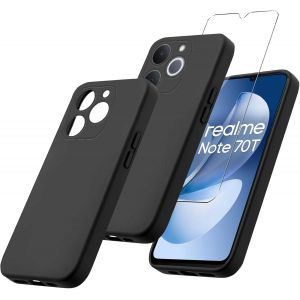 ELVORIX-2 en 1 Coque Compatible avec Realme Note 70T / Realme Note 70 4G (6.74""), 1 Housse et 1 Pi&egrave;ces Verre tremp&eacute; &eacute;cran Film Protecteur, Noir Souple Silicone &Eacute;tui Bumper TPU Case Cover - Neuf