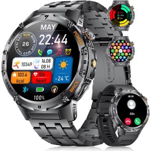 Montre Connectée Homme Pour Android Ios Avec Appel Bluetooth 1,43"" Amoled Rond Smartwatch Homme Noir Acier 530 Mah Batterie,Lampe De Poche Led,Santé Moniteur,100+ Sport,Podomètre - Neuf