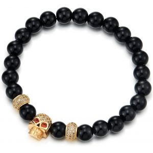 Kal-Homme Femme Noir Onyx Perle Bracelet, Zircone Cubique Pav&eacute; Couleur D'or Rouge Les Yeux Cr&acirc;ne Et Perle Charmes - Neuf