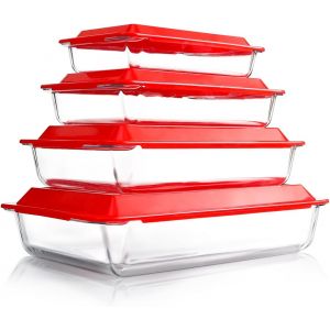 Jexnovashop-Lot De 4 Plats &Agrave; Four En Verre Avec Couvercle, 1+1.7+2.8+4.2l - Plats &Agrave; Lasagne Pour Le Four (Pas Le Couvercle), Rectangulaire, R&eacute;cipients En Verre Avec Couvercle En Plastique - Neuf