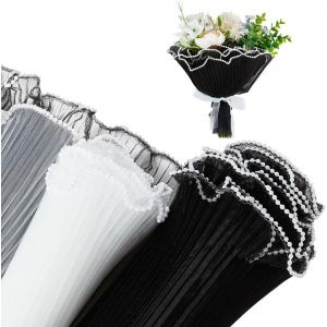 8 M Papier Maille Pour Emballage De Fleurs ,Papier D'emballage De Bouquet Noir Et Blanc ,Fil De Filet Ondulé Froissé Avec Bord En Perles Pour Décoration ,Fournitures De Fleuriste ,Mariage - Neuf