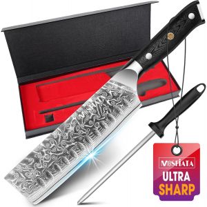 Mevronisshop-Couteau Damass&eacute; Nakiri - 17,8 Cm - Couteau De Chef - Acier Damass&eacute; - Tranchant Comme Un Rasoir - Prot&egrave;ge-Doigts - Id&eacute;al Pour La Cuisine - Neuf