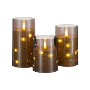 Lot De 3 Bougies Led Sans Flamme &Agrave; Piles - Beige Et Vert - Neuf