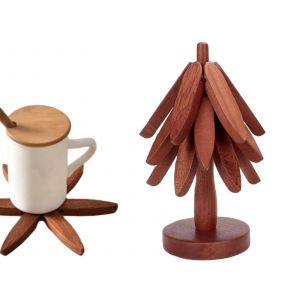 Ensemble De Dessous De Verre En Bois En Forme D'arbre Avec Support Pour Plats Chauds, Marron Fonc&eacute; - Neuf