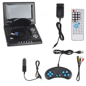 Lecteur DVD portable 7 pouces, ecran pivotant, TV rechargeable, chargeur de voiture, manette de jeu, prise UE 100-240 V - Neuf