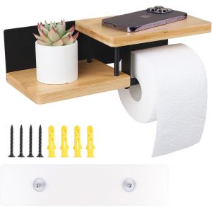 CAUC-EFUTURETIME Porte Papier Toilette Mural en Bambou avec Étagères sans Perçage 31.5×12.5×8.5 cm Dérouleur Papier Toilette Adhesif ou à Percer pour Salles de Bains Cuisines Toilettes, Noir - Neuf