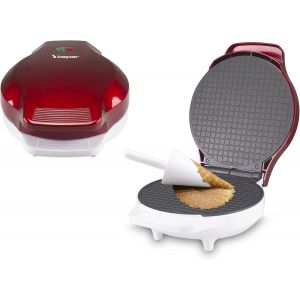 NouvelHorizonstore-P101CUD002 Gaufrier &eacute;lectrique, 1000 W, Gaufrier pour c&ocirc;nes 18 cm, Poign&eacute;e isolante, Accessoires pour c&ocirc;nes inclus, Blanc/Rouge - Neuf