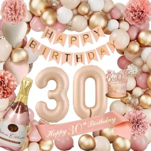 Decoration Anniversaire 30 Ans Femme,Ballon 30,Deco 30,Happy Birthday Decoration,Ballons Roses Rétro 30e Avec Banderole Joyeux Anniversaire Pour Fête Pour Femmes - Neuf