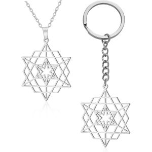 Kal-Collier Etoile De David Pour Femmes Hommes Collier Hexagramme Merkabah/Chaîne De Clés Collier À Double Couche Bijoux À Breloques Géométriques - Neuf