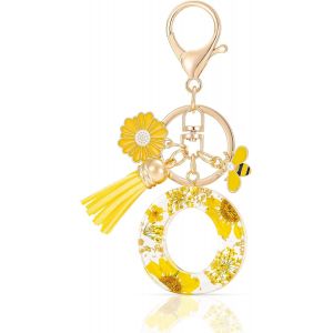 KAL-Letter Keychains Initiale Lettre Porte Clef Lettre,Alphabet Initial Keyring Avec Pampille Pendentif,Jaune Pétales Feuille D'Or Key Ring Pour Femmes Filles Portefeuilles Sac À Main Charme - Neuf