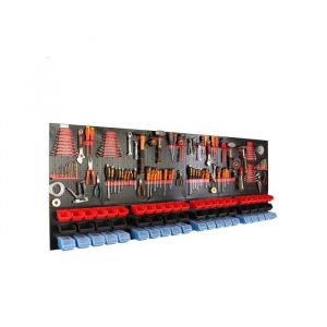 botle Panneau perfor&eacute; m&eacute;tallique, bacs empilables, &eacute;tag&egrave;re murale, porte-outils, lot de 114 pi&egrave;ces, 60 bacs empilables en 3 couleurs - Neuf