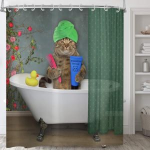 Rideau de Douche Chat drôle 165x180 cm,Douches drôles Chat Rose Fleurs Rouges Enfant Lavable Rideau de Douche en Textile imperméable pour Baignoire avec 12 Crochets - Neuf