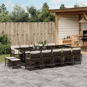 Ensemble À Manger De Jardin Avec Coussins 15 Pcs Marron Rotin - Neuf