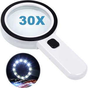 Loupe de lecture avec 12 LED et double lentille en verre grossissant 30x. Pour une lecture aisée des pièces de monnaie, timbres et cartes. Idéale en cas de dégénérescence maculaire. - Neuf