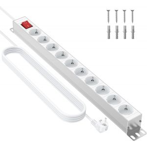 Multiprise Electrique 10 Prises, Multiprise Parafoudre 1050J, Prise Multiple et Interrupteur, 1.8M Rallonge Electrique, Aluminium Bloc Multiprise pour Salon/Bureau/Cuisine, 3680W/16A,Blanc - Neuf