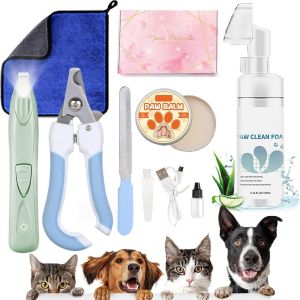 Mousse De Mettoyage Des Pattes Kit Avec 150ml / 5.12fl.Oz Anhydre Mousse Microfibre Serviette Pédicure Tondeuse À Griffes Electrique Sans Fil Avec Lumière Led Chien Chat Nail Clamp Et Safety Stop - Neuf