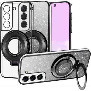 TIANYI-Couqe pour Samsung Galaxy S22 Plus 5G Aimant&eacute;e [Compatible avec MagSafe] avec Support Anneau, Housse Etui de Protection Antichoc en Silicone, Transparente Paillettes 2 en 1 Case (Noir) - Neuf