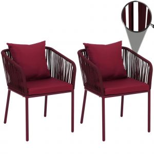 Lot De 2 Chaises De Jardin Hwc-N41, Accoudoirs D'ext&eacute;rieur, R&eacute;sistantes Aux Intemp&eacute;ries, Tressage En Corde D'aluminiumBordeaux, Coussins Bordeaux - Neuf