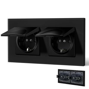 Ulteronixshop-Double prise Schuko avec couvercle &eacute;tanche, borne enfichable et encastr&eacute;e avec plaque en verre cristal, 16 A, 157 mm, noire - Neuf