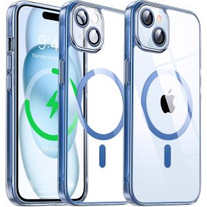 Kal-Coque Magnétique Transparente Pour Iphone 15 (6.1'') Avec Objectif Film, [Compatible Avec Magsafe] [Protection Antijaune & Antirayure & Antichoc] Etui Housse Dur Avec Silicone Bord, Bleu - Neuf