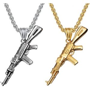 Trahoo-Lot De 2 Pendentifs Armée Fusil À Arme, Mitrailleuse Collier Rock Gothique Punk Hip Hop Chaîne Pour Hommes - Or Argent Style 2 - Neuf