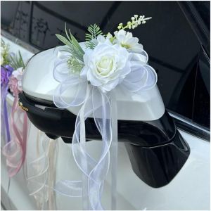 KAL-Lot De 6 N?uds En Soie Pour Voiture - Simulation Rose - Avec Ruban D'Organza - Pour Voiture De Mariage - Poignée De Porte - Rétroviseur De Chaise - Décoration De Mariage - Blanc - Neuf