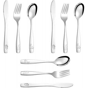 9pcs Couvert Enfant Inox,3 X Fourchette,3 X Cuillère,3 X Couteau Dentelé,Sûr Couverts Pour Enfants Avec Motif Mignon,Couverts Bebe Dinosaures Pour Garçons,Maison Restaurant École Garderie(Argentél) - Neuf