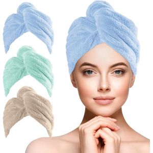 Tianyi-Serviette Cheveux, Lot De 3 Serviettes De S&eacute;chage En Microfibre Super Absorbantes Avec Boutons Pour Cheveux Secs, Serviette De Bain Cheveux Pour Femmes (Bleu,Vert,Caf&eacute;) - Neuf