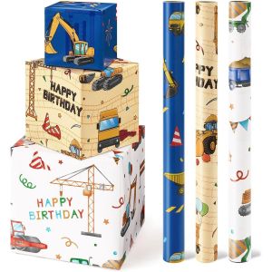 Trahoo-Papier Cadeau Construction - 3 Rouleaux Courts Rouleaux De Papier Cadeau D'anniversaire Enfants Gar&ccedil;ons Bleu Jaune Blanc Camions Emballage Cadeau Avec Lignes De D&eacute;coupe 43 Cm X 3 M - Neuf