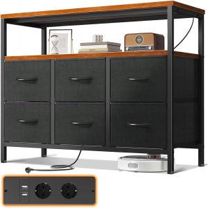 Ulteronixshop-Commode,avec 2 Prises et 2 Ports de Chargement USB, avec 6 Grands Tiroirs, Commodes et Buffets pour Salon, Couloir, Chambre, Couleur R&eacute;tro - Neuf