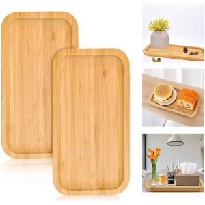 Checarzhn--No1-2 Pcs Plateau De Service Bois Plateau En Bambou Rectangulaire Soucoupes Bois De Rangement 25*14*2cm Assiette Bambou Pour Fruits Steak, Nourriture, Pots, Plantes, Repas, Café, Pain(Rect - Neuf