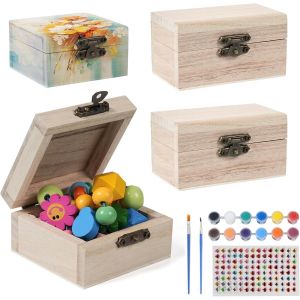 Sjzg-4 Pi&egrave;ces Mini Coffres Au Tr&eacute;sor, Diy Petite Bo&icirc;te En Bois Avec Aouvercle,Boite En Bois A Decorer Pour Travaux Manuels Avec Pigments, Stylos, Autocollants, 6.8x6.8x4cm & 9x5.5x5cm - Neuf