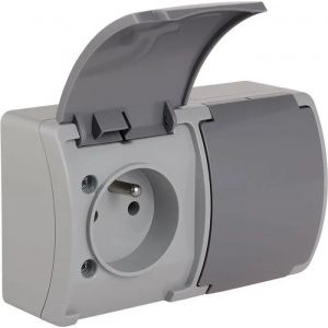 Prise &eacute;lectrique - Elektro-plast 61.384 - Double - Gris - Encastr&eacute; - IP44 - Neuf