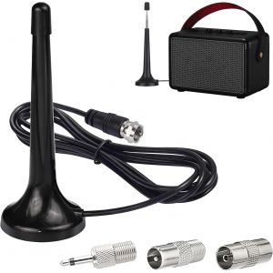 Antenne Radio FM Dab, 75 ohm Antenne FM amplifi&eacute;e Int&eacute;rieure T&eacute;lescopique avec Base Magn&eacute;tique, R&eacute;ception Haute Qualit&eacute;, C&acirc;ble 3.0M, Adaptateurs, pour Tuner Radio et Hi-FI - Neuf