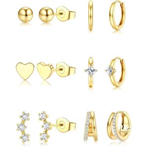 Kal-Lot De 6 Paires De Boucles D'oreilles Pour Femme - Mini Cr&egrave;mes Huggie Plaqu&eacute; Or 14k Hypoallerg&eacute;niques, Clous Pour Piercings Multiples (Or/Argent) - Neuf