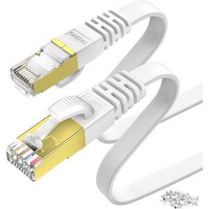 10m Cat 7 Flat Ethernet Cable, 10m RJ45 Cable, Gold Plated Connectors - High Speed LAN Network Cable 10Gbps - 600MHz - White - Neuf