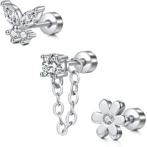 Kal-3 Pi&egrave;ces 20g Helix Piercings Tragus Piercing Or Argent Pour Dames Boucles Piercing Oreilles Acier Chirurgical Piercing Papillon Fleur Serpent Boucles Oreilles Cartilage Set - Neuf