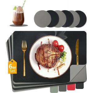 Tianyi-Lot De 6 Sets De Table Et Dessous De Verre Lavables, Aspect Cuir, 43 X 30 Cm, Étanches, Résistants À La Chaleur, Bicolore (Noir Et Gris, 6) - Neuf