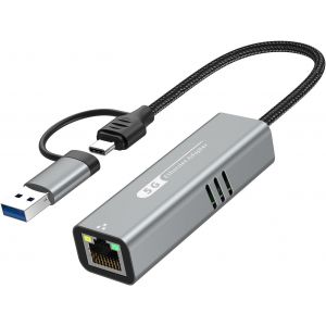 SUBZONAL-Adaptateur Ethernet 5G USB 3.2 avec RTL8157, convertisseur 2 en 1 USB-A/Type-C vers carte r&eacute;seau RJ45 LAN 5 Gbit/s pour PC, ordinateur portable, Windows, Mac OS, Linux (5 Gbit/s besoin de ty - Neuf