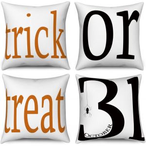 Housse de Coussin Halloween 40x40 Set de 4, Spooky citrouille pleine lune château arbre mort chauve-souris décoratif Housses de coussin noir orange lin housse de coussin pour canapé Home Decor - Neuf