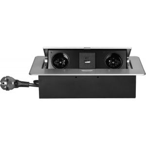 Bloc Prise Encastrable Plan de Travail 2 x P+T max. 3680 W Prise USB Encastrable avec 2 Ports A+C 2,1A et C&acirc;ble 1,5 m Bord Frais&eacute; Fin (argent) - Neuf