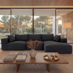 Ensemble canap&eacute; HWC-P20, canap&eacute; 3 places Canap&eacute; lounge, tissu/textile velours c&ocirc;tel&eacute; (370 g/m&sup2;) Surface de couchage &agrave; droitegris fonc&eacute; - Neuf