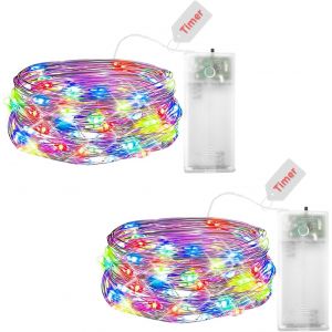 TRAHOO-Lot de 2 guirlandes lumineuses LED &agrave; piles avec minuteur - 2 m - 20 LED - Micro fil de cuivre - Guirlande lumineuse multicolore pour No&euml;l, Halloween, chambre d'enfant, mariage, f&ecirc;te - Neuf