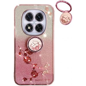 Kal-Coque Paillettes Pour Xiaomi Redmi Note 14 Pro 4g, Très Mince Antichoc Tpu Bumper Doux Silicone Housse, Délicat Mode Fleurs Ring Holder Stand Bling Femmes Filles Étui. Rose - Neuf